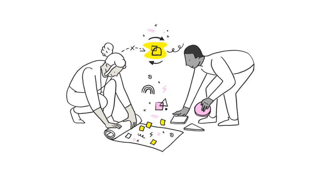 Sketch of two people sharing ideas and putting notes on a page