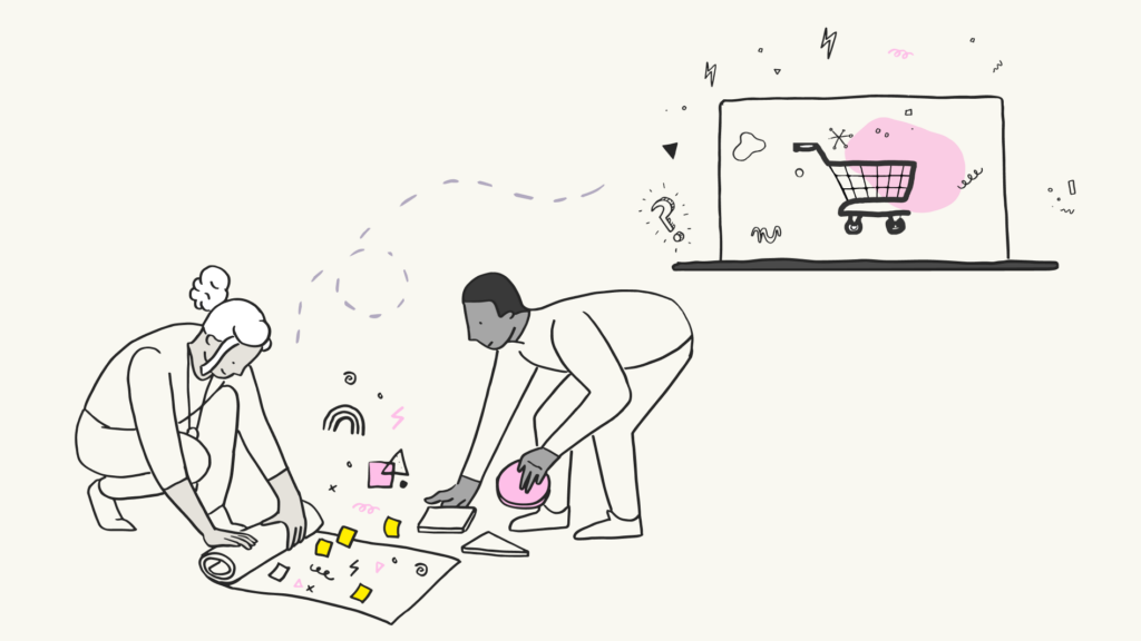 The image illustrates two individuals engaging in a playful activity with toys and building blocks on the floor, with one person holding a toy in hand while the other prepares to place a piece. In the background, there is a digital display showing a simplified online shopping cart icon, suggesting a connection between the playful, problem-solving approach on the floor and improving online user experiences, such as the checkout process. This visual metaphor implies that the process of enhancing a website's checkout system can be creative and collaborative, much like building with blocks.
