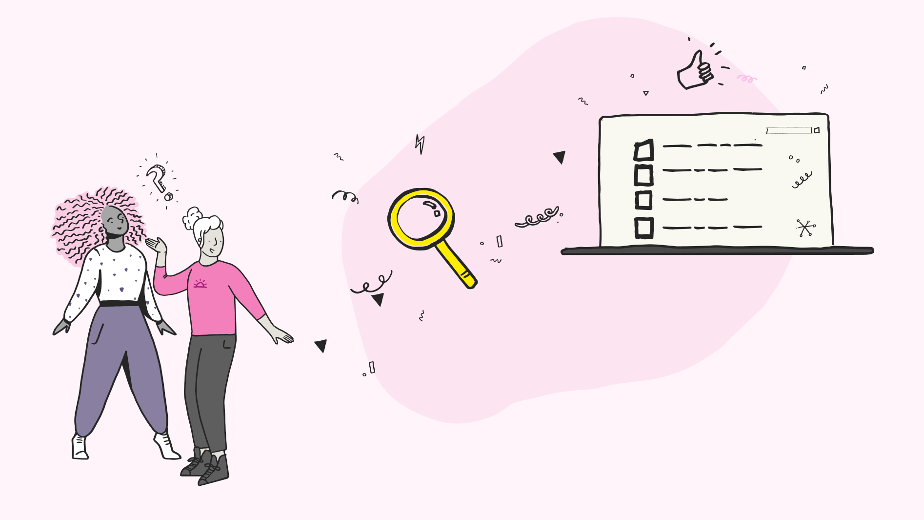 What is faceted navigation? Illustration showing two people, one with curly hair and one with short hair, standing on the left. A magnifying glass and arrows point towards a computer screen on the right, which displays a faceted navigation menu with checkboxes and filter options.