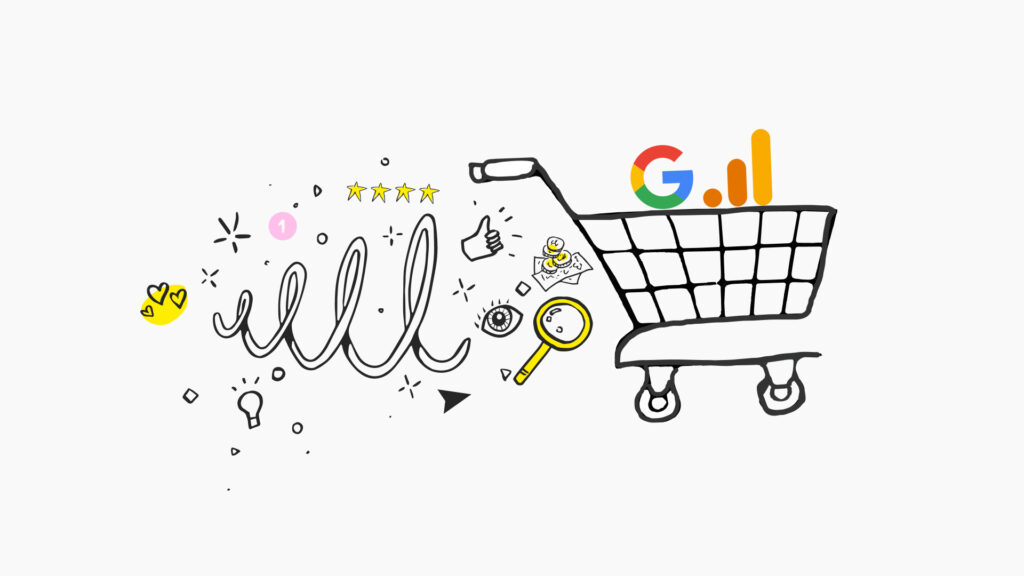 An illustration of a whimsical shopping cart doodle with various internet and social media symbols. The cart is heading to the right, filled with symbols like the Google logo, a magnifying glass, a thumbs-up icon, a piece of paper with a chart, and a star rating of five stars. Abstract designs, such as hearts, stars, and dots, are scattered around, signifying creativity and online engagement. The overall image gives the impression of a fun and interactive online shopping or search experience.
