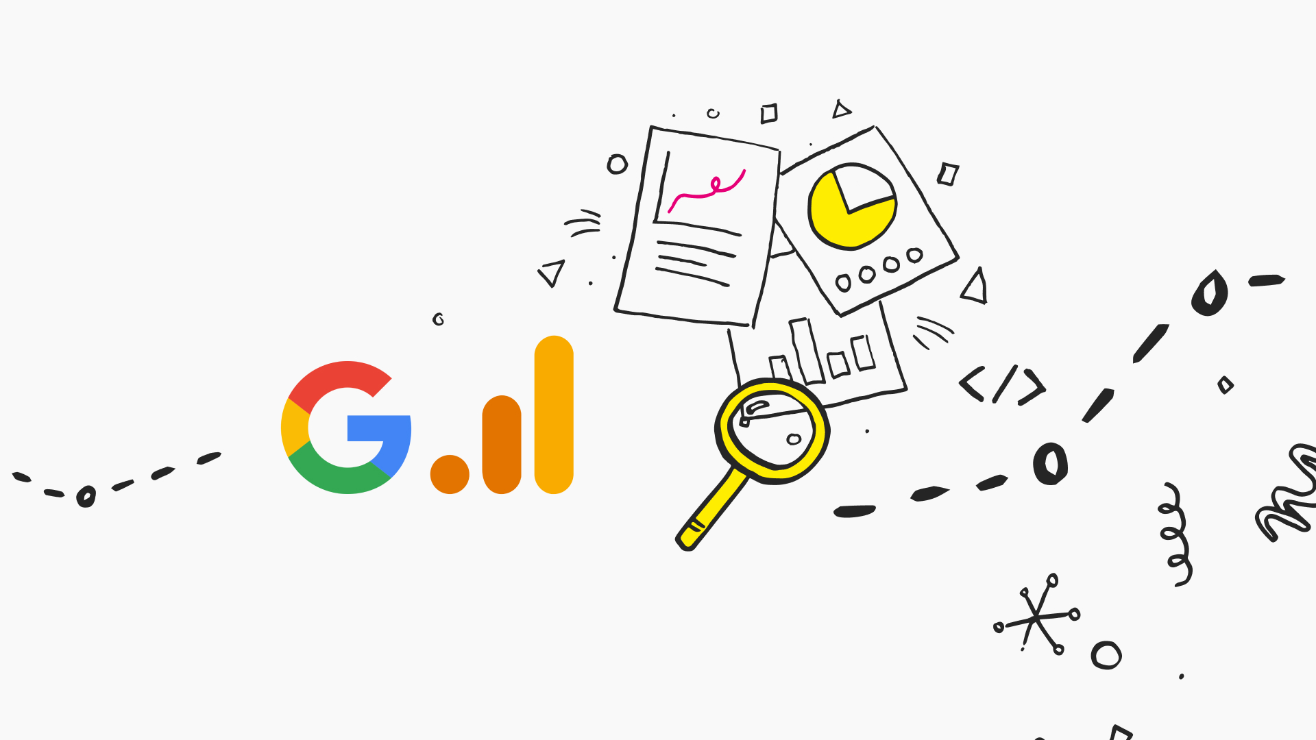 Enhancing SEO through big data analytics A doodle-style illustration featuring the Google logo with the second 'g' represented as a bar chart. To the right, there's a magnifying glass focusing on what seems to be a graph within a document, accompanied by various mathematical symbols and arrows, suggesting data analysis or research.