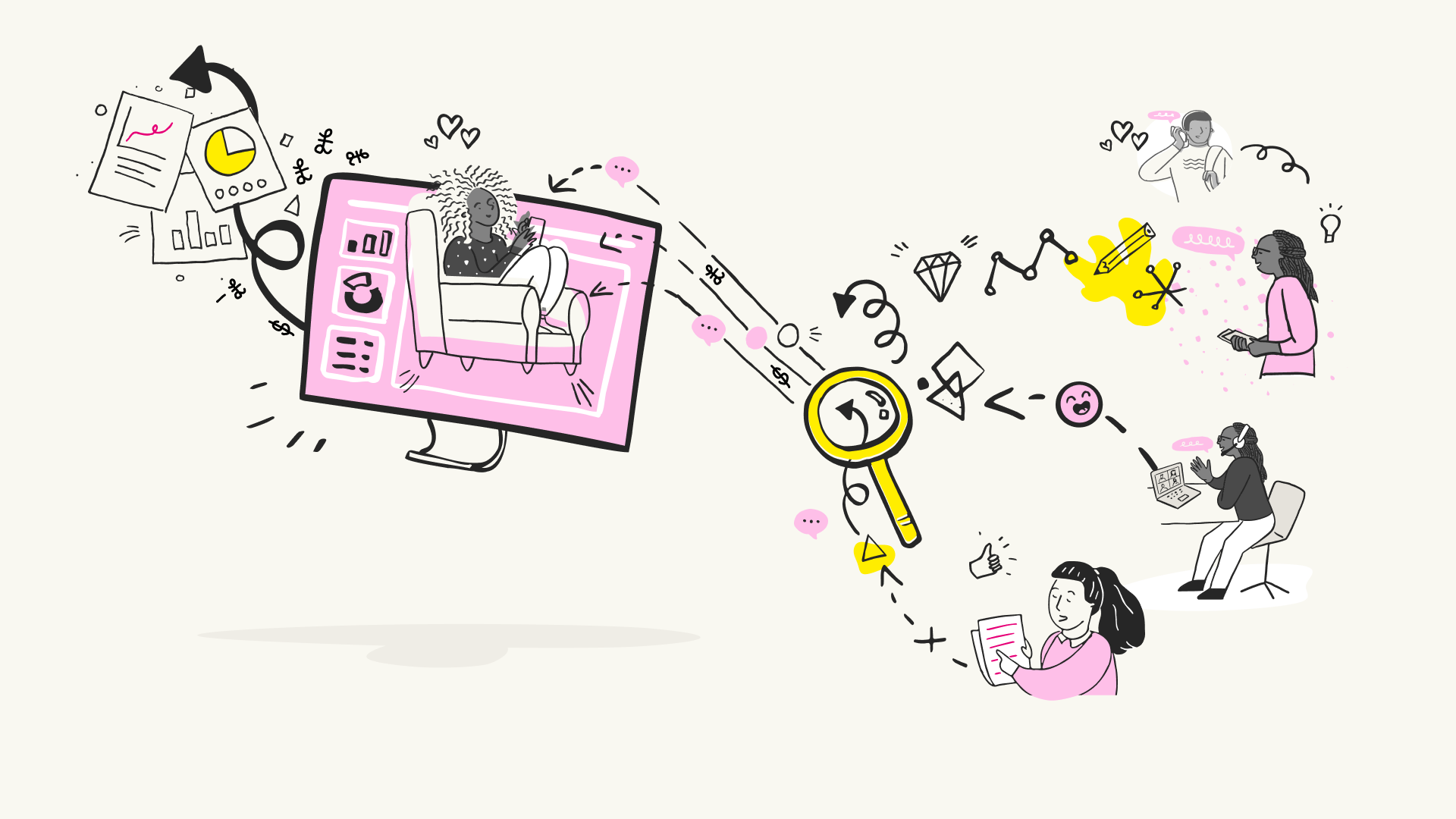 Mastering product page SEO: boosting visibility and conversions Sketches of: a person sitting on an armchair, various graphs and data, magnifying glass, people using laptops and talking on the phone