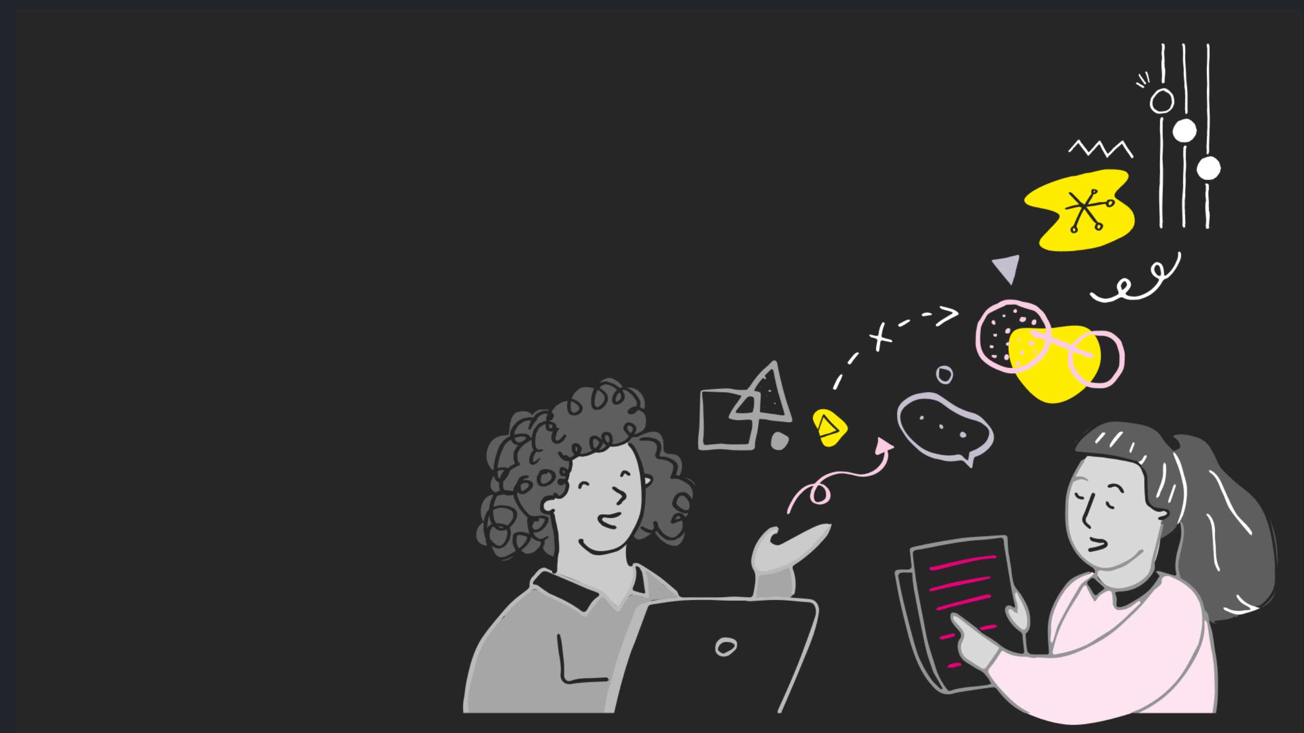 What is User Research? Sketch of two people brainstorming and chatting