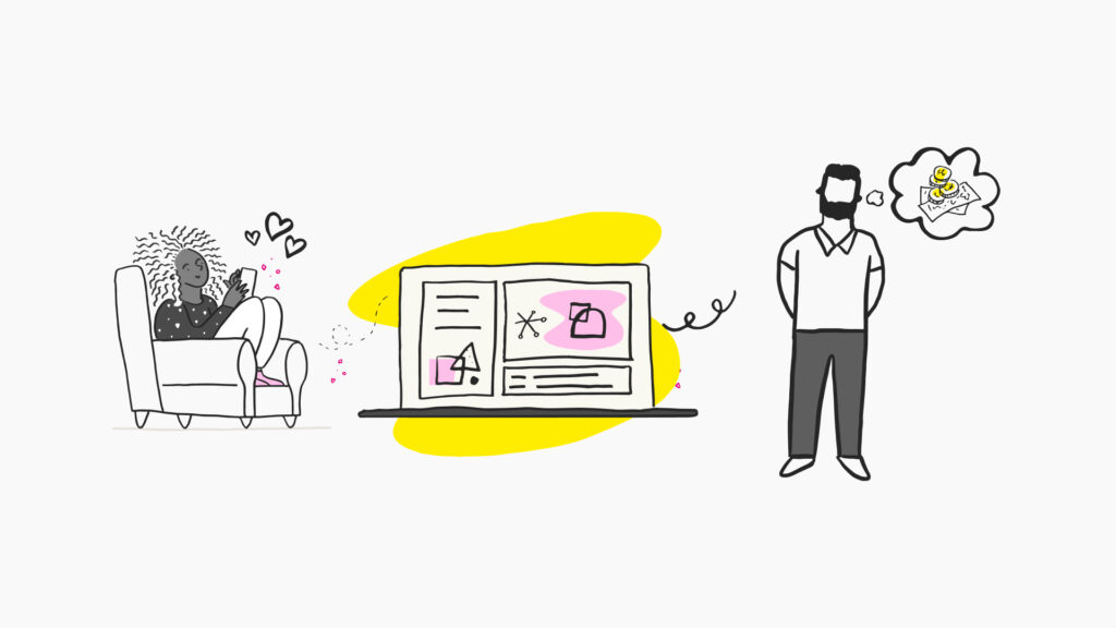 A whimsical illustration depicting a split scene. On the left, a relaxed person lounges in an armchair, happily using a smartphone with heart doodles floating above. The centre shows a desktop with highlighted articles and symbols representing the sharing of information. On the right, a man stands with a thought bubble.