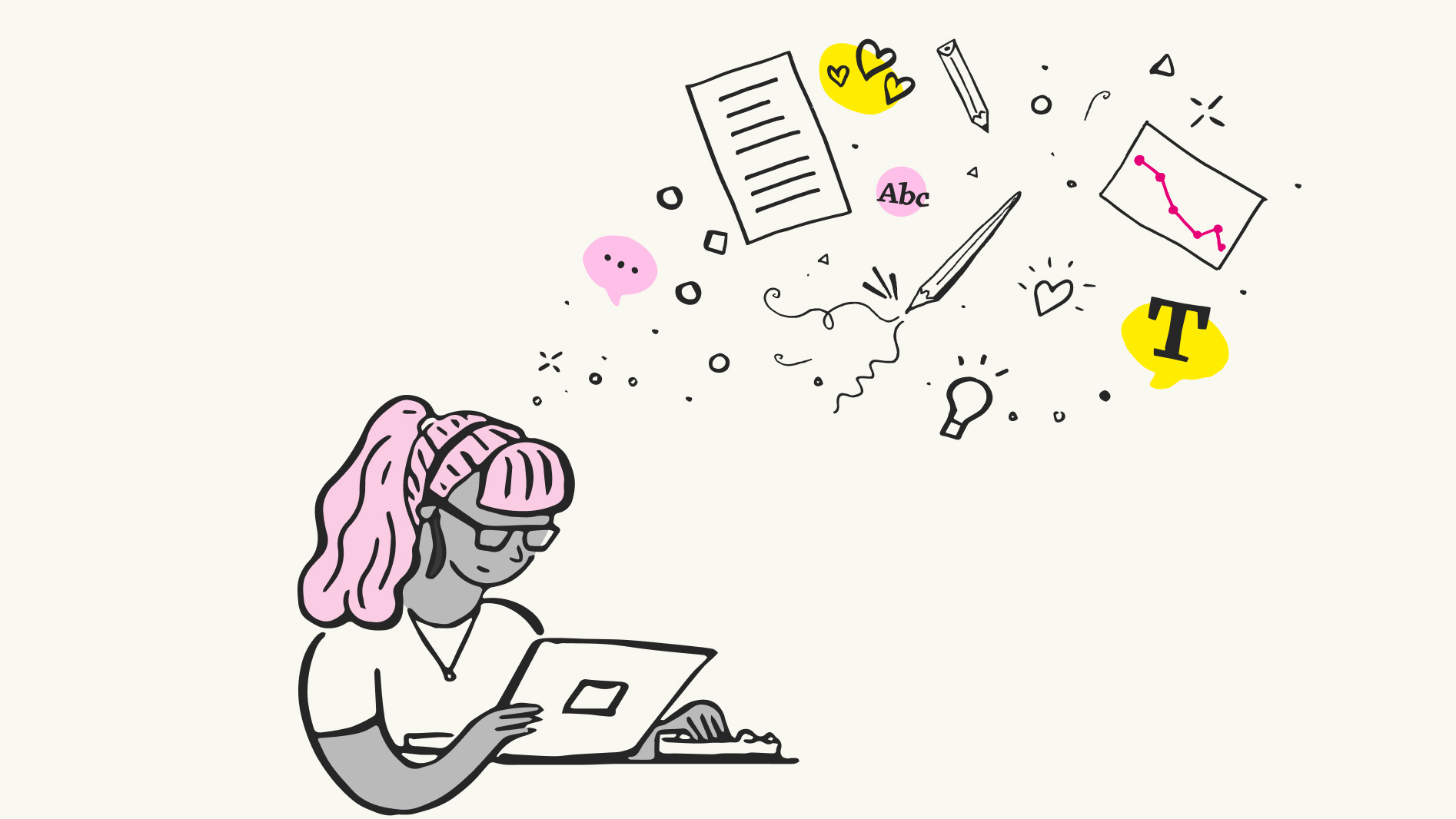 Illustration of a person with pink hair wearing a hat and glasses, engaged in writing on a tablet with various writing and creative symbols floating around, such as a paper, pencils, a light bulb, heart, chat bubble, and a graph. The background is plain and the overall feel is whimsical and creative.